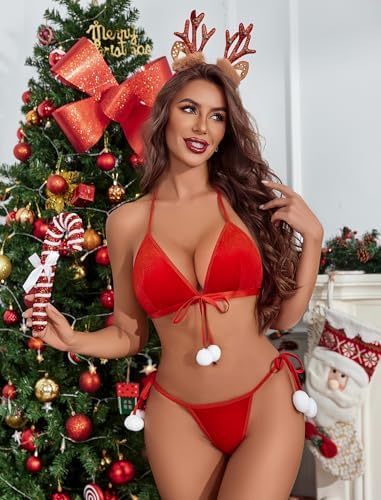 Avidlove Christmas Lingerie Set for Women Bra and Panty Set Halter Velvet Santa Costume Set 2 Piece