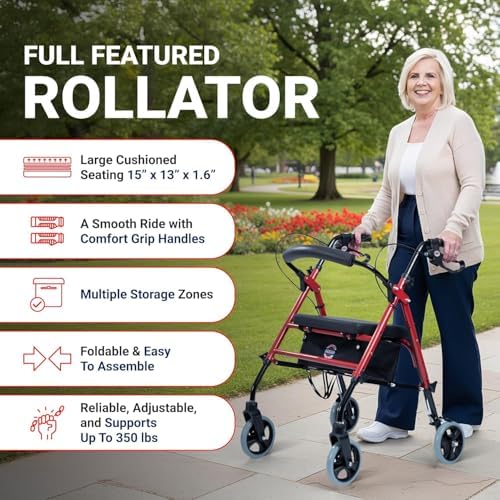 Arrigo Rollator Walker with Large Cushioned Seat – Folding 4-Wheel Steel Rolling Walker with Brakes, Soft Backrest & Zippered Storage – Smooth Ride, Adjustable Height, Supports up to 350 lbs