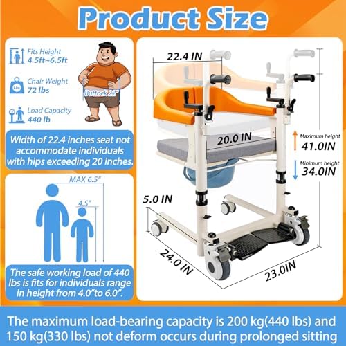 Upgrade Patient Lift Transfer Chair Potty Wheelchair for Home with 180°Split Open Seat, 20" Seat Width, Transfer Lift Aid for Bedside, Height Adjust to 26", Wheelchair Lift for Enderly and Disabled