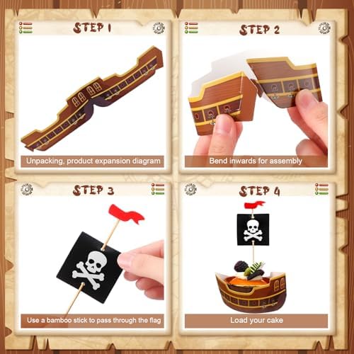 Vesici 72 Pcs Pirate Ship Cupcake Toppers Skull Cap Cupcake Picks Pirate Halloween Party Decorations for Birthday Party Cake Decorations Supplies