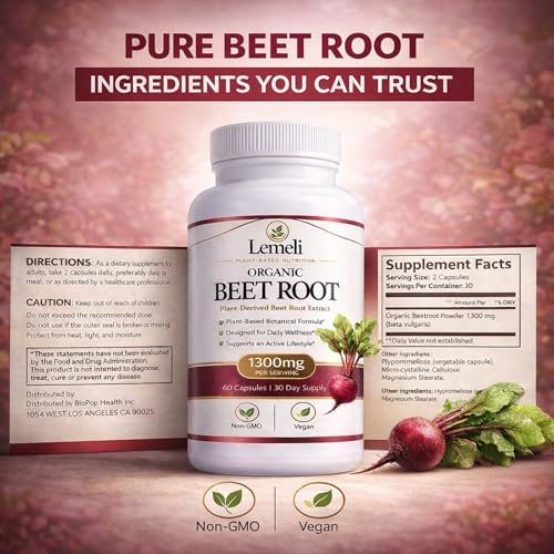 Beetroot 1300mg, Nitric Oxide Support Formula with Beet Root Extract, Vitamin C & Black Pepper, Plant-Based Daily Wellness Supplement, 60 Vegan Capsules