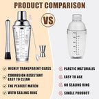 Glass Cocktail Shaker Stainless Steel Leak-Proof Lid Boston Shaker Martini Shaker Beginner Bartender Kit with Jigger 22oz Mixed Drink Shaker with Measurements Ice Shaker Mixing Glass Bar Tools
