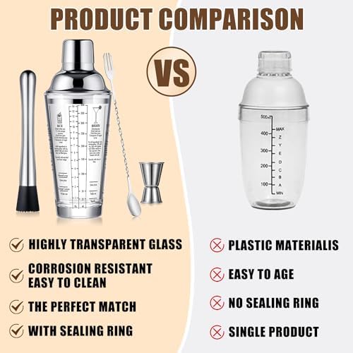 Glass Cocktail Shaker Stainless Steel Leak-Proof Lid Boston Shaker Martini Shaker Beginner Bartender Kit with Jigger 22oz Mixed Drink Shaker with Measurements Ice Shaker Mixing Glass Bar Tools