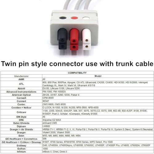 skmeditec 3FT 3 Leads Cable AHA Snap Wire Compatible with AAMI/MindrayDatascope and Most Monitors, TPU Cord with Twin Pin Style Connector