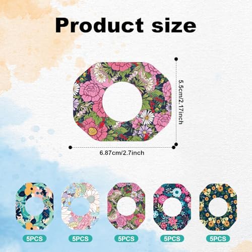 25pcs Sensor Covers for Libre 2/1, Spring Flower Style Sensor Stickers Waterproof & Sweatproof Pre-Cut Monitor Patch Long Stay for CGM Sensors Tape Adhesive Patches Accessories (5 Styles)
