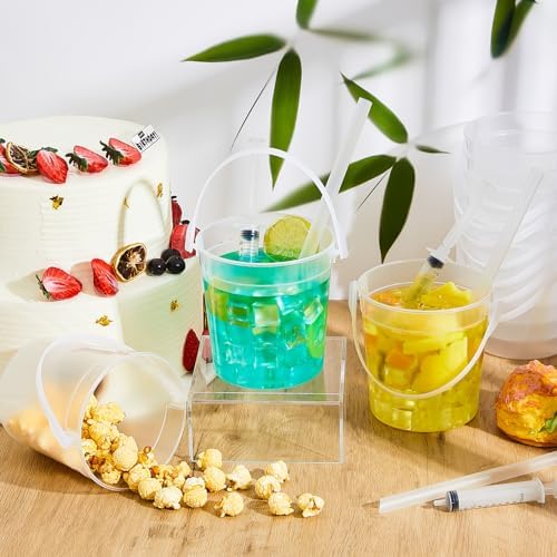 Willinglong 20 Set 32oz Clear Plastic Drink Buckets Rum Buckets for Drink with Straws, Lids and Beverage Syringes Reusable Iced Coffee Cups for Rum Wine Beer Cocktail Beverage Lemonades
