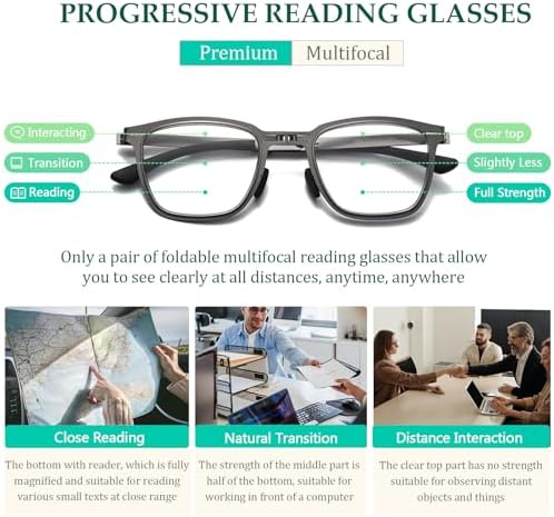 Mens Folding Photochromic Progressive Reading Glasses Blue Light Blocking Metal Foldable Multifocal Readers No-Line