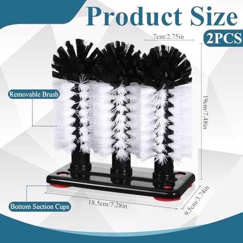 2 Pack Water Bottle Cleaning Brush with Suction Base, 3 Head Bristle Bar Glass Washer for Sink, Glass Cup Washer Brush Cleaner for Beer Cup, Long Leg Cup, Red Wine Glass Bar Kitchen Sink Tools