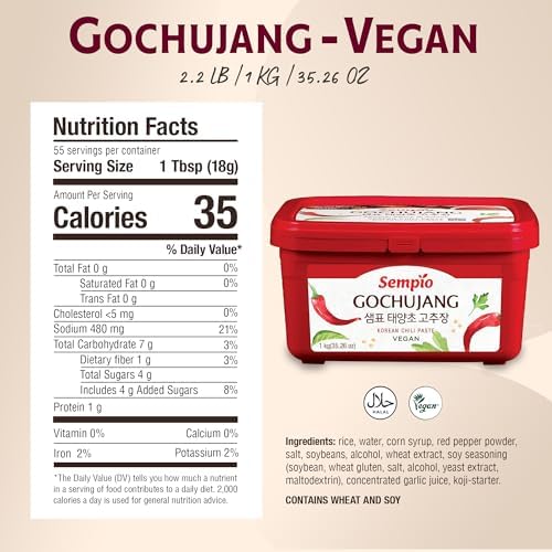 Sempio Gochujang Vegan Korean Red Chili Pepper Paste - Mild Heat: Sweet Spicy Savory Paste, Traditional Fermented Condiment for Cooking, Marinades, Dips, Halal Certified (2.2lbs/1kg)