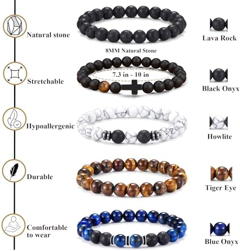Jewdreamer 12PCS Beaded Bracelets for Men 8MM Tigers Eye Bracelet Natural Stone Crystal Bead Cross Bracelet Adjustable Stretch Christian Bracelets Jewelry Gifts
