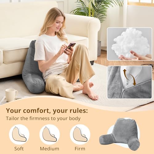 Sasttie Reading Pillows for Sitting in Bed Adult, Back Pillow Bed Sitting Up, Back-Rest Support Cushion for Sit Up on Couch, Sofa, and Floor, Dorm Essentials, Oeko-Tex Certified, Dark Grey