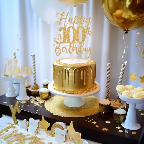 Happy 100th Birthday Cake Topper, 100th Birthday Decorations for Men/Women, Cheers to 100 Years, 100 Fabulous, 100th Birthday Party Supplies Gold Glitter