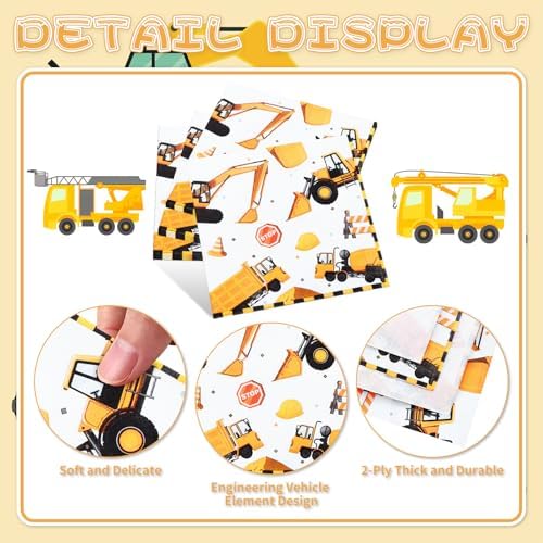 40 Pack Construction Party Paper Napkins – 13 x 13 Inches Disposable Napkins with Excavator, Dump Truck, Cement Mixer, and Traffic Sign Designs for Birthday Parties and Construction-Themed Events