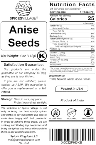 SPICES VILLAGE Anise Seeds for Baking, Whole Anise Seeds (4 oz) - Kosher, Gluten Free, Vegan, Non GMO, Resealable Bulk Bag