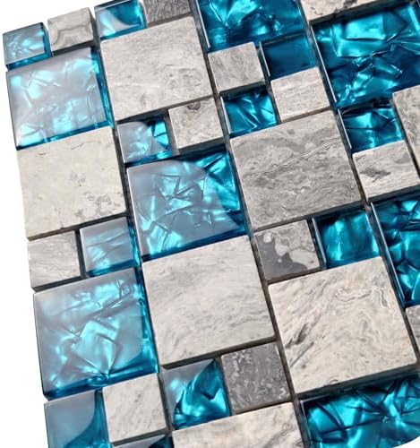 Hominter Premium Teal Blue Crystal Glass & Grey Stone Tile Modern Bathroom Shower Wall Versaille Patterns Mosaic for Kitchen Fireplace Decor (3"x12" Sample)