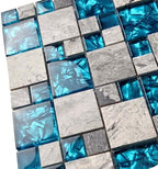 Hominter Premium Teal Blue Crystal Glass & Grey Stone Tile Modern Bathroom Shower Wall Versaille Patterns Mosaic for Kitchen Fireplace Decor (3"x12" Sample)