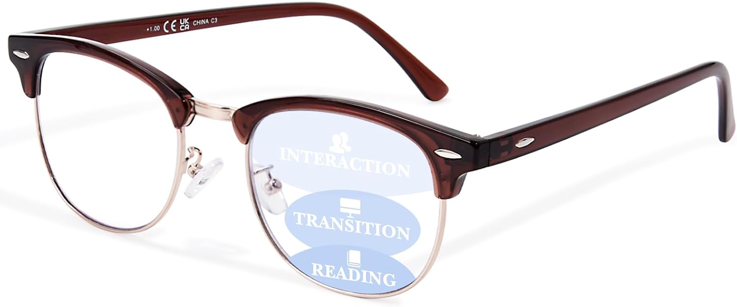 OPTOFENDY Progressive Multifocal Reading Glasses for Women Men Square Blue Light Blocking Classic Half Frame Computer Readers