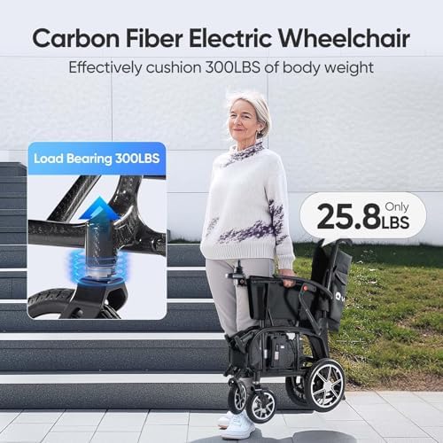 25.8lbs Real Carbon Fiber Ultralight Electric Wheelchairs, FDA Certification Professional Foldable Lightweight Electric Wheelchairs for Adults, Senior, Patient, 400W, 12 Miles, 300 LBS Capacity