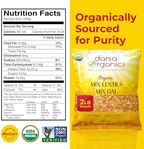 Darsa Organics Mixed Lentils (Panchratna Dal) 2lb | USDA Organic, Non-GMO, Kosher | Superfood Rich in Protein & Fiber | Great for Soup Mix, Stews, & Curries