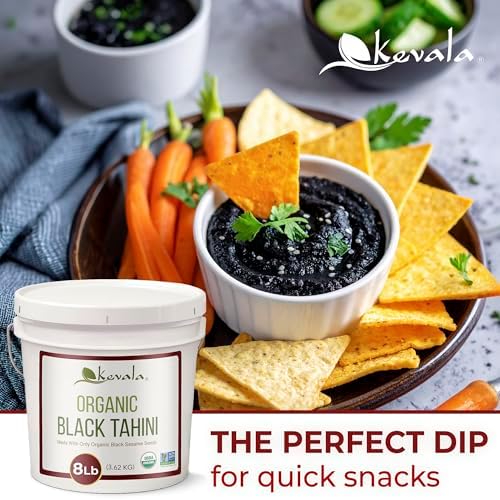 Kevala Organic Black Tahini - Gluten Free Black Sesame Paste for Sweet and Savory Food, Great to Mix with a Miso Paste, Bulk Size for a Kitchen Pantry and Restaurant Stockrooms, Bagel Spread, 8 lb