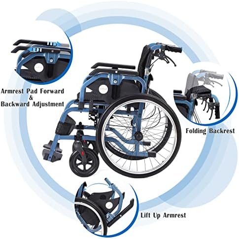 Medwarm Foldable Lightweight Wheelchairs with Handbrakes for Adults, Weights Only 30 lbs, Transport Wheelchairs with Flip Up & Height Adjust Armrest (22inch Rear Wheel)