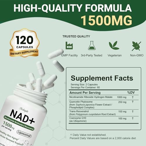 NAD+ Supplement, Liposomal NAD Nicotinamide Riboside Resveratrol 1500 mg - Anti-Aging & Brain Health, Improve Energy - Specifically for Women and Men, 120 Capsules