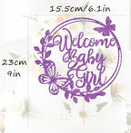 Welcome Baby Girl Cake Topper - Deep Purple Glitter Baby Shower Cake Decorations, Baby Girl Cake Decor, for Baby Shower/Birthday Party/Gender Reveal Party Photo Booth Props