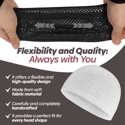 Kufi Hats for Men Crochet Taqiyah Breathable Stretch Skull Cap – 2 Pack Black & White Islamic Prayer Caps with 33 Beads Tasbih – Soft Cotton Beanie for Daily Salah & Worship