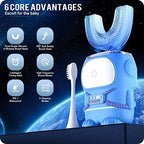 RexCodar Ultrasonic Kid's U-Shaped Electric Toothbrush, IPX7 Waterproof, Five Cleaning Modes,Cartoon Astronaut, 60S Smart Reminder (6-12 Age (Blue))