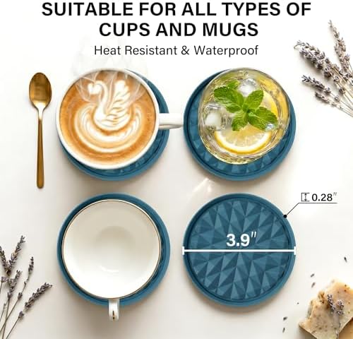 Silicone Coasters for Drinks[4 Pack]- Cup Mat for Tabletop Protection-Non-Slip, Non-Stick, Coffee Table Decor, Great Gift for Father’s Day, Dark Blue