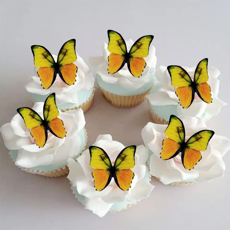 Edible Wafer Paper Butterflies Set of 48 Yellow Cake Decorations, Cupcake Topper
