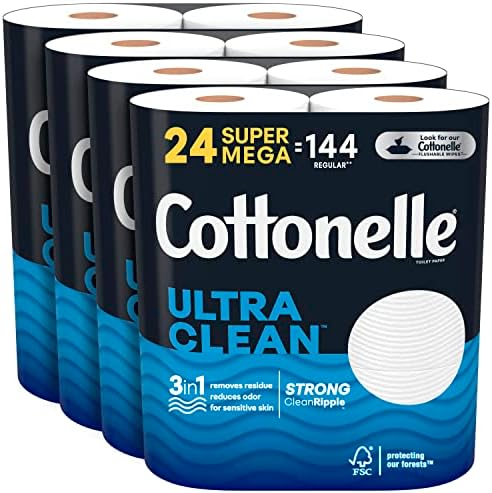 Cottonelle Ultra Clean Toilet Paper, Strong Toilet Tissue, 24 Super Mega Rolls (24 Super Mega Rolls = 144 Regular Rolls) (4 Packs of 6), 468 Sheets per Roll, Packaging May Vary White