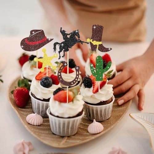 37 Pcs Cowboy Happy Birthday Cake Toppers -Western Birthday Decorations Signs Cupcake Toppers Party Decorations, Glitter Cowboy Themed Party Supplies Decor for Kids, Boys, Girls, Baby Showers