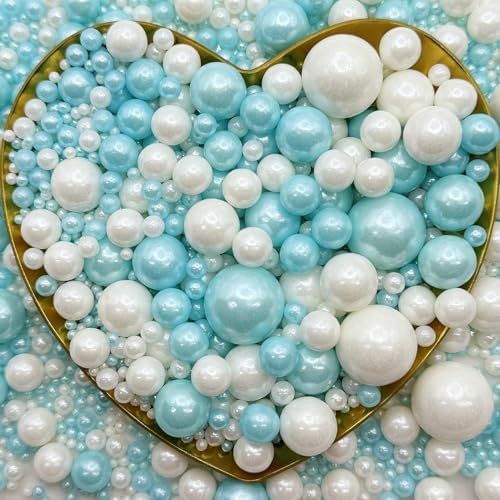 CandiJumpin Edible Pearls for Cake Decorating, Light Blue and White Pearl Sprinkles Baby Blue Sugar Pearls Edible Cake Decorations White Pearl Sugar Sprinkles Cupcake Toppers Baby Shower Party Birthday Wedding Christmas Supplies 3 OZ
