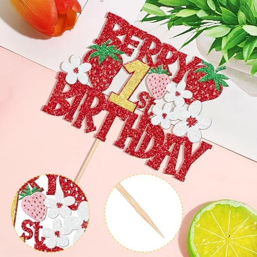1 PCS Berry 1st Birthday Cake Topper - Red Glitter Flower Fruit Sweet One Strawberry Cake Pick - First Birthday Cake Decoration for Baby Shower Party Decorations Supplies