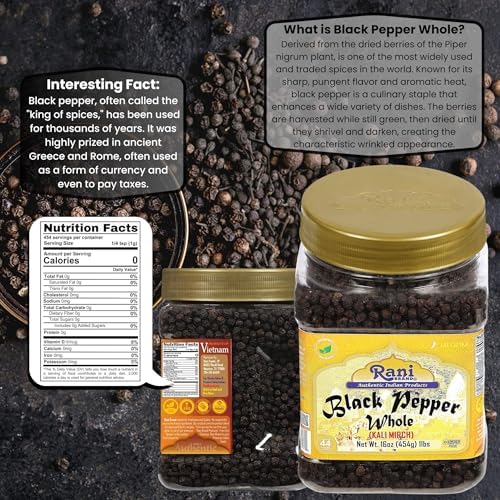 Rani Black Pepper Whole (Peppercorns), Premium MG-1 Grade 16oz (1lb) 454g Bulk PET Jar ~ All Natural | Gluten Friendly | Non-GMO | Kosher | Product of Vietnam | Perfect size for Grinders!