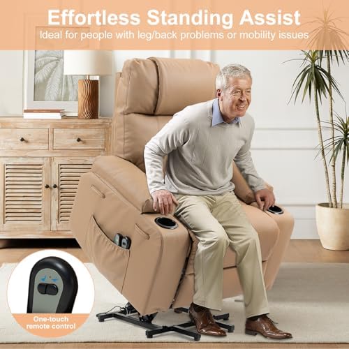 Power Lift Recliner Sofa Chair, Electric Stand Assit for Elderly People, Leather Reclining Chair with Cup Holders, Massage & Heat Functions, Living Room or Bedroom Furniture for Resting, Brown