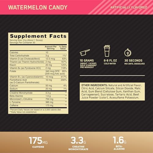 Optimum Nutrition Gold Standard Pre-Workout,Vitamin D for Immune Support,with Creatine,Beta-Alanine,and Caffeine for Energy,Keto Friendly,Watermelon Candy,30 Servings (Packaging May Vary),(Pack of 2)