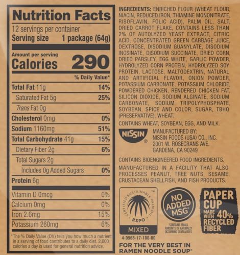 Nissin Cup Noodles Ramen Noodle Soup, Chicken, Microwaveable Paper Cup, 2.25 Ounce (Pack of 12)