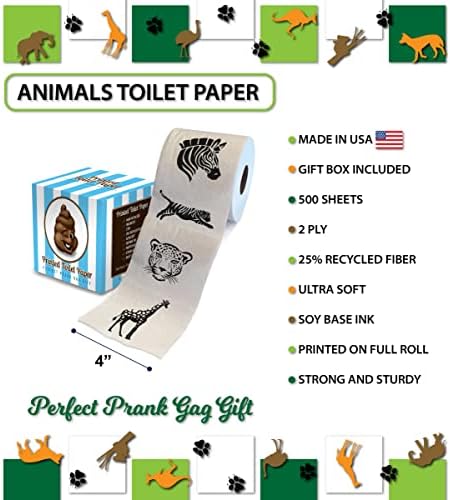 Printed TP Animal Pattern 2 Ply Toilet Paper Bathroom Tissue - Novelty Wildlife Bath Tissue Roll - Funny Toilet Paper for Home Decor, Potty Gag Gifts, Prank and Hilarious White Elephant - 500 Sheets