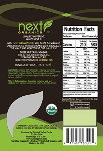 Next Organics Dark Chocolate Cashews 4 Ounce (Pack of 6)