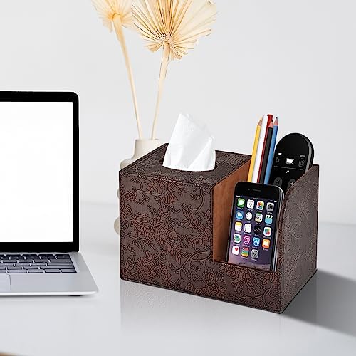 PU Leather Tissue Box Cover Square Tissue Holder Tissues Box Organizer with 2 Compartment,Remote Control Holder,Multifunctional Decorative Tissue Box Covers Cube,Home Office Desktop Storage Box,Retro