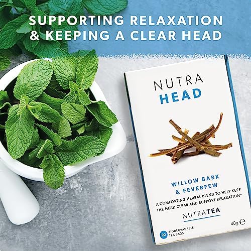 NUTRAHEAD - Migraine Relief Tea | Headache Relief Tea - For Migraine & Tension Headache Relief - Includes Feverfew, Willow Bark & Rhodiola - 20 Enveloped Tea Bags - by Nutra Tea - Herbal Tea