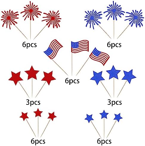 36 Pack 4th of July Cupcake Toppers Glitter Happy Independence Day Cupcake Picks Firework Patriotic Star American National Day Cupcake Decorations for Independence Theme Party Supplies Blue Red