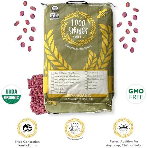1000 SPRINGS MILL - Organic Red Beans 25lb Bulk Bag | Used for Soups, Salads, Chili or as a Sweet Paste for Desserts | Bulk Dry Red Beans | Vegan Friendly | 25lb