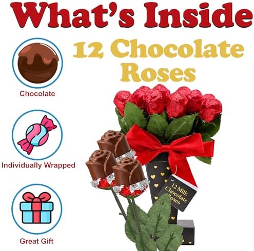 Mother's Day Chocolate Roses Gift Box, A Dozen Belgian Milk Chocolate Roses in Red Foils, Individually Wrapped Chocolate Candy Food Gift, Edible Flower Bouquet Gift Basket for Her, Mother, Wife