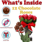 Valentine's Day Chocolate Roses Gift Box, A Dozen Belgian Milk Chocolate Roses in Red Foils, Individually Wrapped Valentines Chocolate Candy Food Gift, Edible Flower Bouquet Gift Basket for Her