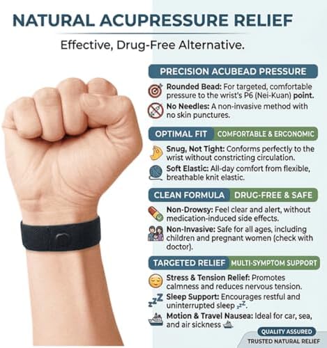 Motion Sickness Anti Nausea Wristbands for Kids, Teens & Adults – Stretch Waterproof Stress Relief Bands for Car, Sea & Travel – Slip-On Acupressure Bracelets - Pair (Medium 7)