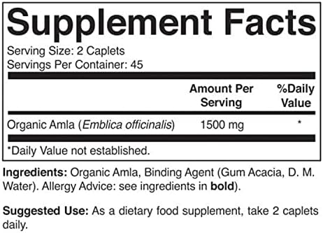 Brieofood Organic Amla 1500mg, 45 Servings, Vegetarian, Gluten Free, 90 Vegetarian Tablets