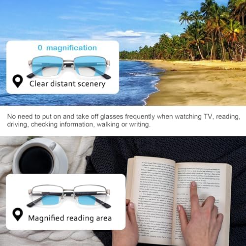Missfive Mens Premium Bifocal Reading Glasses Blue Light Blocking, Computer Readers Metal Frame with No Broken Spring Hinge, Far/Near Dual-use Eyeglasses 2 Pack, 1.5x